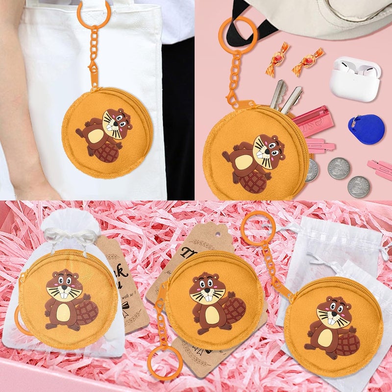 Elecrainbow 36 Pack Beaver Change Purses Set Include 12 Wallets with Keyring, 12 Thank You Tags and 12 Organza Bags for Safari, Jungle,Wild Birthday, Castor Decoration,Khaki - Image 3